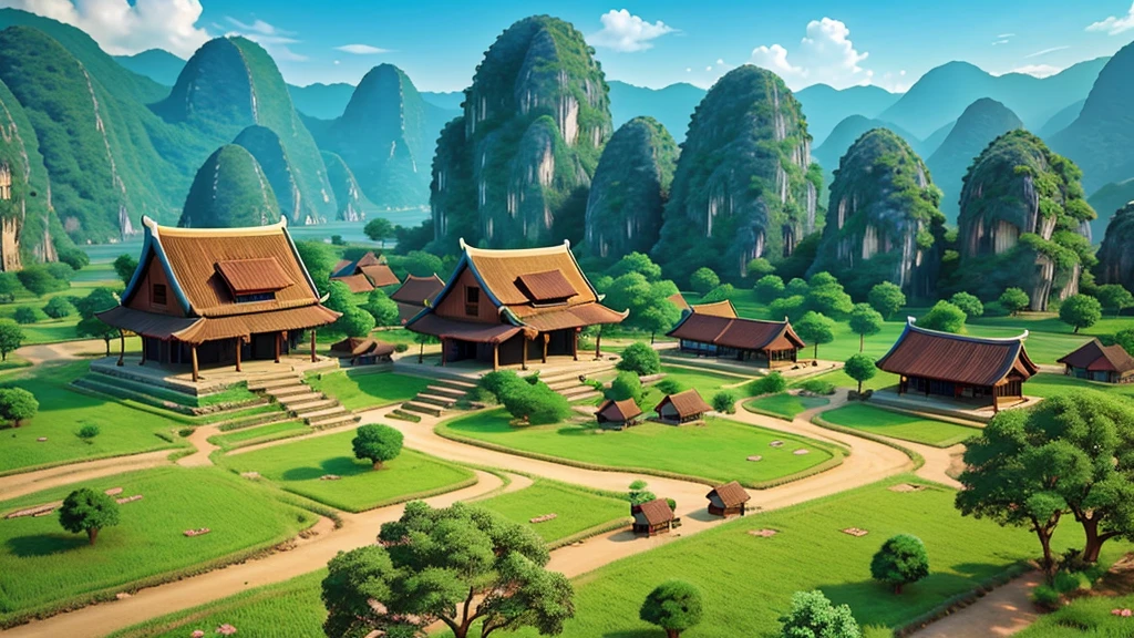 Beautiful scenery of ancient Vietnamese village. Aerial view, Photorealistic photos, High definition.