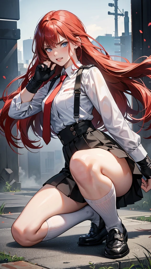 {{masterpiece}}, {{{Highest quality}}},{{Very detailed}}, {{figure}},{{tall}},{{Adult female}},,{{Fighting stance}},｛from side｝,{{Long sleeve mini skirt uniform}},{on one knee{}},}}{}},{fighting stance}},{},{}, ,{{}},{{Eyelet foot}},,{{blushing with anger}},{{}},,{{}},{{}},,Slender body}}{{Avoidance}}{{Female police officer}},,,,suspenders　,Long sleeve mini skirt uniform, White High Socks,Black fingerless gloves, Long Red Hair, Red tie,Straight hair ,Blunt bangs,Thigh holster,.amountn loafer,,blush,Wrinkles ,amount,Grit your teeth,suffering,v-shaped eyebrows.,Sweat dripping,Medium chest ,get annoyed,,Slums,,Twisting,