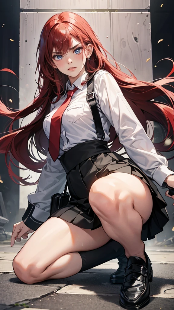 {{masterpiece}}, {{{Highest quality}}},{{Very detailed}}, {{figure}},{{tall}},{{Adult female}},,{{Fighting stance}},｛from side｝,{{Long sleeve mini skirt uniform}},{on one knee{}},}}{}},{fighting stance}},{},{}, ,{{}},{{Eyelet foot}},,{{blushing with anger}},{{}},,{{}},{{}},,Slender body}}{{Avoidance}}{{Female police officer}},,,,suspenders　,Long sleeve mini skirt uniform, White High Socks,Black fingerless gloves, Long Red Hair, Red tie,Straight hair ,Blunt bangs,Thigh holster,.amountn loafer,,blush,Wrinkles ,amount,Grit your teeth,suffering,v-shaped eyebrows.,Sweat dripping,Medium chest ,get annoyed,,Slums,,Twisting,