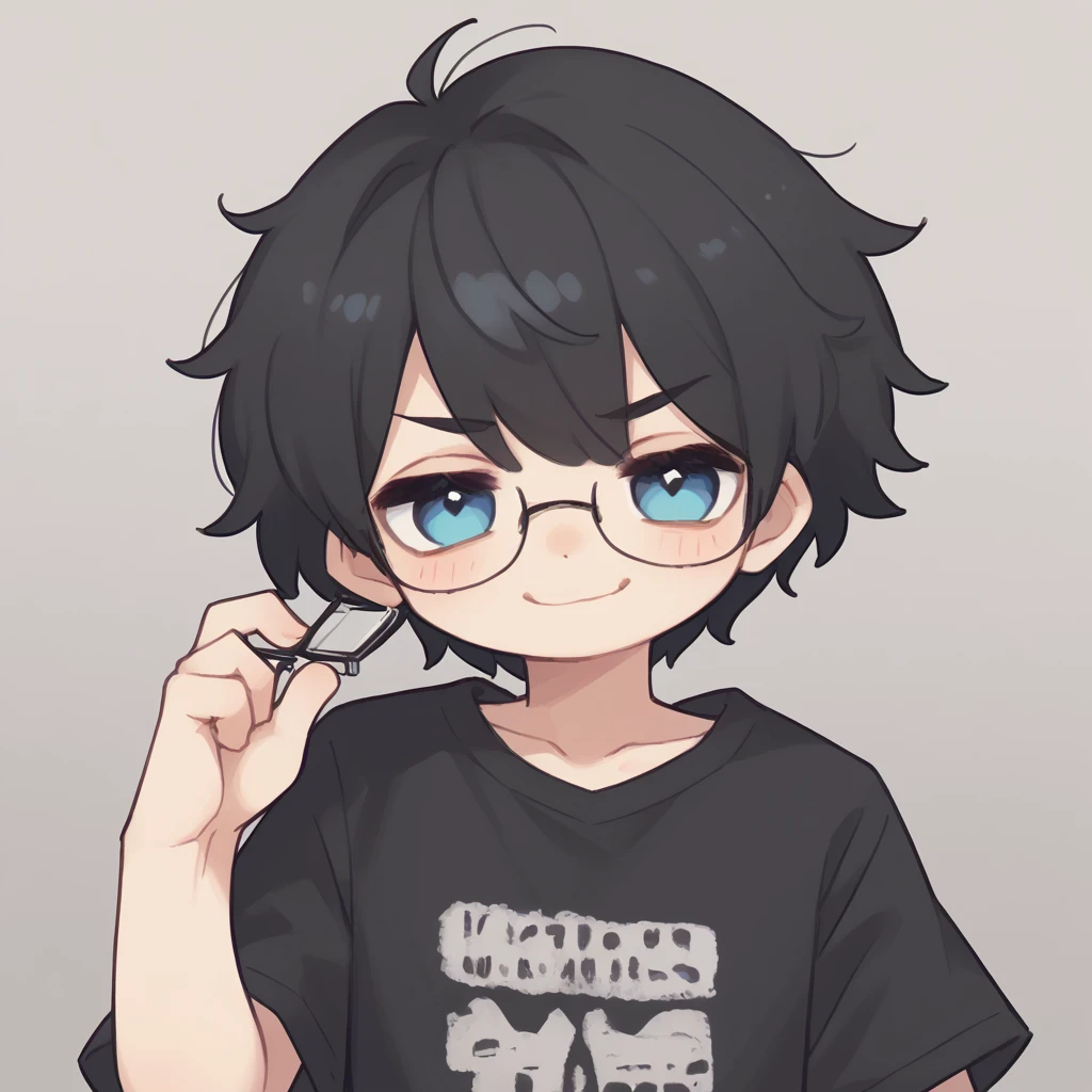 
One boy,High resolution, masterpiece, Black Hair, blue eyes, Black shirt、Shortcuts, Glasses、smug face, 