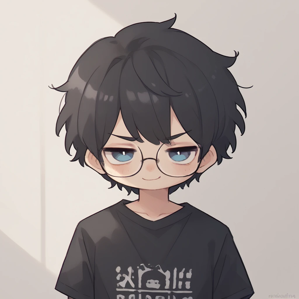 One boy,High resolution, masterpiece, Black Hair, blue eyes, Black shirt、Shortcuts, Glasses、smug face,