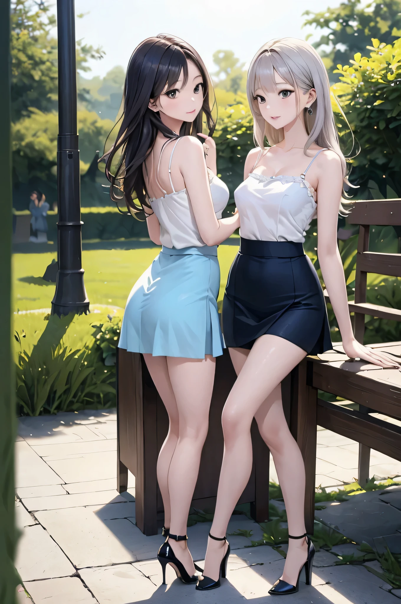 (masterpiece, Highest quality:1.2), 4K, 8k, Intricate details, Art Station, alone, One girl, Mature Woman, NSFW,4K,masterpiece,((Focus on the face)),((Symmetrical facial features)),Eye for detailed depiction,Beautiful woman,Excellent style,Beautiful feet,(Small Ass,Thin thighs),Detailed depiction of the face,Small earrings,((camisole、flare skirt、High heels)),A park with lush greenery in the early morning,(Two people gazing at each other),blue blonde,Two Women