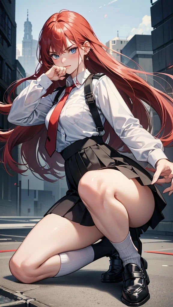 {{masterpiece}}, {{{Highest quality}}},{{Very detailed}}, {{figure}},{{tall}},{{Adult female}},,{{Fighting stance}},｛from side｝,{{Long sleeve mini skirt uniform}},{on one knee{}},}}{}},{fighting stance}},{},{}, ,{{}},{{Eyelet foot}},,{{blushing with anger}},{{}},,{{}},{{}},,Slender body}}{{Avoidance}}{{Female police officer}},,,,suspenders　,Long sleeve mini skirt uniform, White High Socks,Black fingerless gloves, Long Red Hair, Red tie,Straight hair ,Blunt bangs,Thigh holster,.amountn loafer,,blush,Wrinkles ,amount,Grit your teeth,suffering,v-shaped eyebrows.,Sweat dripping,Medium chest ,get annoyed,,Slums,,Twisting,