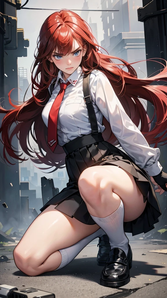 {{masterpiece}}, {{{Highest quality}}},{{Very detailed}}, {{figure}},{{tall}},{{Adult female}},,{{Fighting stance}},｛from side｝,{{Long sleeve mini skirt uniform}},{on one knee{}},}}{}},{fighting stance}},{},{}, ,{{}},{{Eyelet foot}},,{{blushing with anger}},{{}},,{{}},{{}},,Slender body}}{{Avoidance}}{{Female police officer}},,,,suspenders　,Long sleeve mini skirt uniform, White High Socks,Black fingerless gloves, Long Red Hair, Red tie,Straight hair ,Blunt bangs,Thigh holster,.amountn loafer,,blush,Wrinkles ,amount,Grit your teeth,suffering,v-shaped eyebrows.,Sweat dripping,Medium chest ,get annoyed,,Slums,,Twisting,