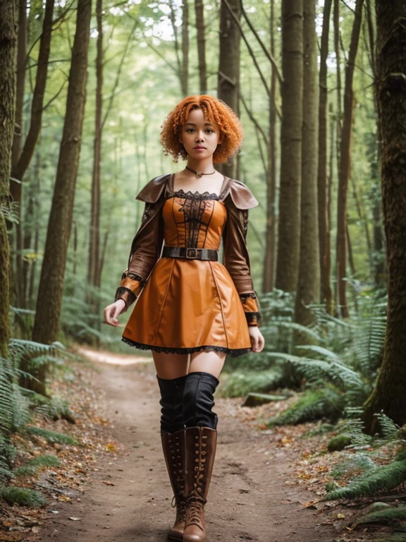 17 year old girl, Lovely, orange hair, Very short, Very curly, slim, flat bust, with freckles on the face, with slavic features, short steampunk dress, Whole body, two hands, shows her pretty legs, In the woods.