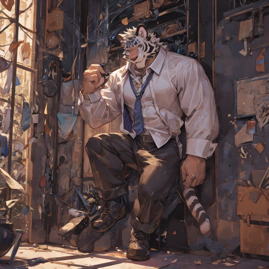 {{bara extremely handsome white tiger,}} {{white fur,}} white, wearing elegant ornate suit jacket, trousers, white dress shirt and necktie, white fluffy furry body and limbs, loafers, very tall, very broad shoulders, narrow waist, muscular arms, massive pecs, purple eyes, very long legs, sitting on swivel chair with legs spread, from below perspective, massive bulge, sophisticated hot look, sexy pose, full body, sunlight casting over, 3/4 view, best quality, high quality, silver earring on left ear, sultry smirk