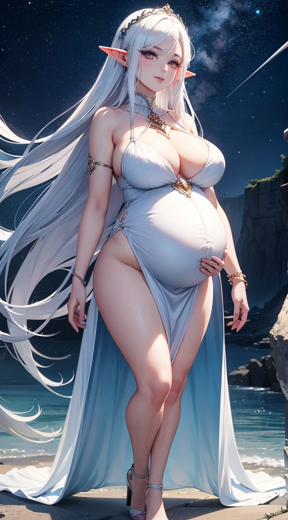 (simple hands:0.5)+(detailed hands:0.7), (masterwork), (best quality), white hair, red eyes,1girl, pale skin, white hair, red eyes, two tone hair, eyelashes, bracelet, jewelry, smile, gleaming skin, shiny hair, detailed and majestic stage, Fantasy, Long Hair, 1 girl, two-tone hair, night sky, Incredibly detailed CG illustration masterpiece, looking at you, anime, beautiful anime eyes, beautiful detailed eyes, eyes, glittering eyes, red eyes, galaxy, nebula, (full body), (curvy), POV, wet neckline, (thick thighs), 4k hd, ultra realistic, perfect body, perfect lips, perfect nose, perfect eyes, looking at the viewer, dress, elegant dress, Soft Dress, Long dress, Elf, Elf ears, Neon, Neon Lights, Bright Colors, (pregnant