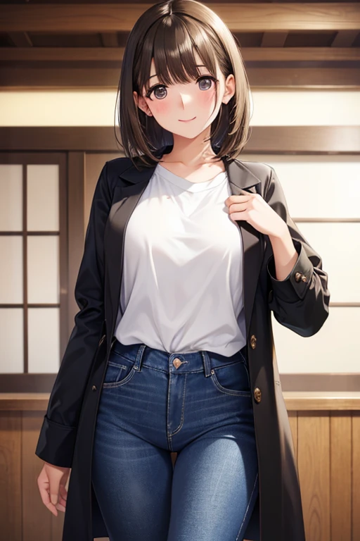 anegasaki nene、Shiny brown hair, short hair, (Beautiful brown eyes、Sparkling eyes, Fine grain)、smile、超Detailed eyes、Highly detailed face, 非常にDetailed eyes,


(high quality, High resolution, Fine details), Cowboy Shot、
break (Black long coat),
 break (White shirt, Denim pants), 
 Stylish decorations, alone, Curvy Women, Stylish hairstyle,  (Detailed eyes:1.2), smile, blush, Sweat, Oily skin, Shallow depth of field

