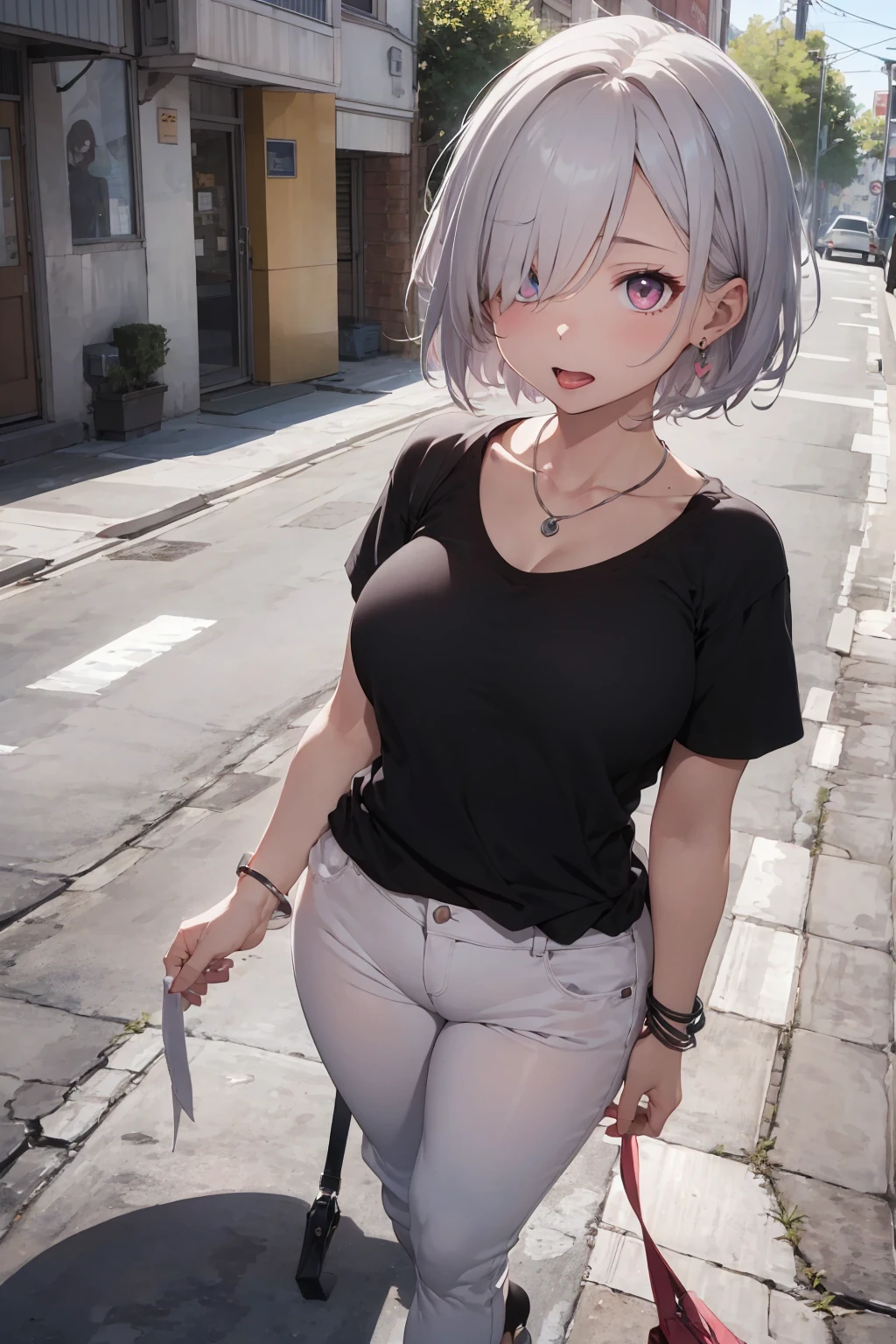 (Highest quality、High resolution、8k、masterpiece)。Look away、Open your mouth、Pink Eyes、Silver Hair、Heart shaped pupil、teeth、tongue、tongueを出す、（Original Character, (1 Girl)、Perfect Face、((short hair:1.2))、(Hair above one eye:1.3)、[[Disheveled Hair]]、Detailed eyes that shine、Light and shadow、Glowing Skin、 (Curvy but slim), ((High angle shot))、Sexy look、Use something sexy、（background：Remains）Full body、bracelet、necklace、Casual fashion with white T-shirt and pants、Disheveled clothes、Oversized clothes、Follow the Silver Wolf、