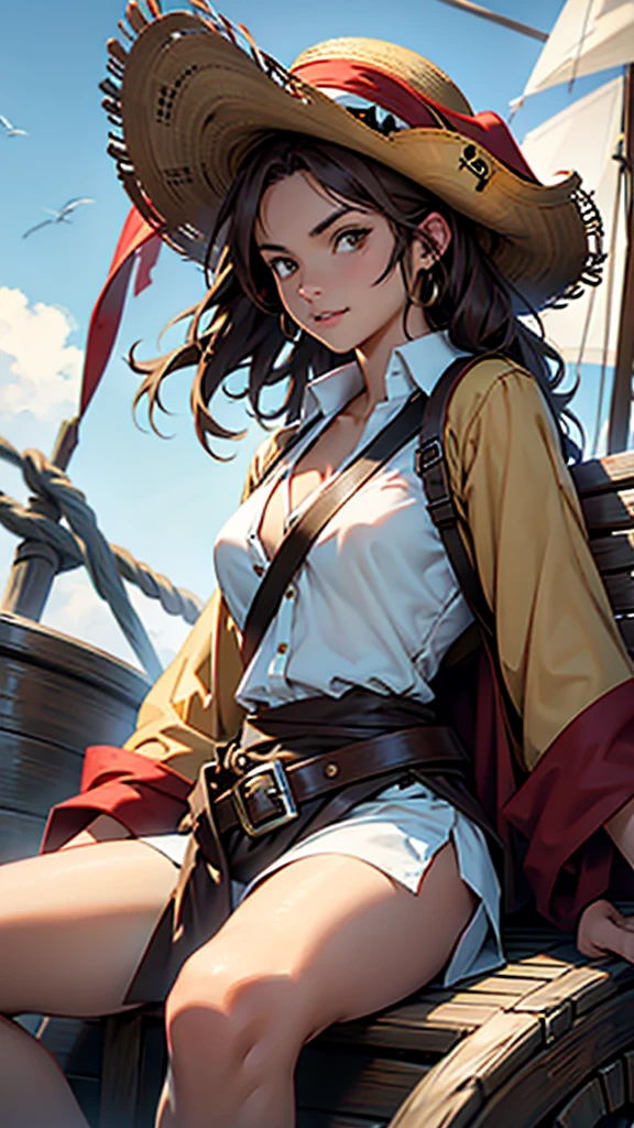 1 female, medium length brown hair, hazel eyes, wearing pirate outfit, at the helm of a pirate ship, wearing straw hat with red band, wearing straw hat