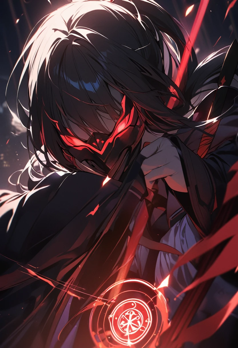 A woman,matured, perfect anatomy, high tech mask fully covering her face,long pony tail hair(black hair),red magic circle,long samurai sword,closeup, cinematic lighting, cinematic angle,side view,