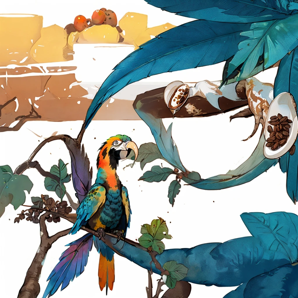 Highest quality，View of African plains，Close-up of a macaw standing on a coffee tree branch，Full of coffee berries，There are long leaves in the background holding up the coffee cup，Gentle and warm colors，Coffee cup overflowing with coffee