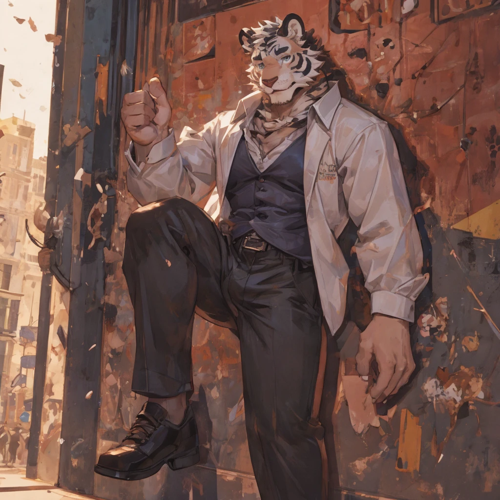 {{bara extremely handsome white tiger student,}} {{white fur,}} white, wearing blazer, trousers, white dress shirt and necktie, white fluffy furry body and limbs, loafers, very tall, very broad shoulders, narrow waist, muscular arms, massive pecs, purple eyes, very long legs, massive bulge, sophisticated hot look, 3/4 view, best quality, leaning on wall, high detail, CG image, character splash art, silver earring on left ear, sultry smirk