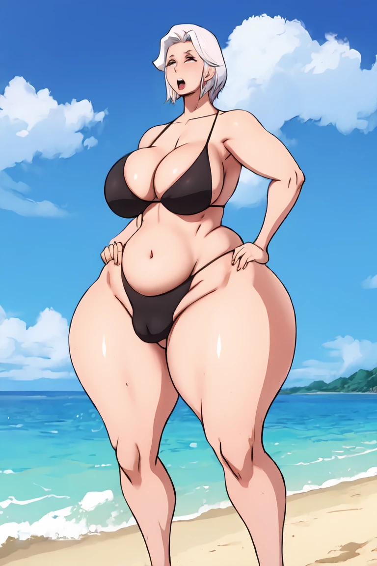1girl, elderly,ssbbw gilf, grey hair, sexy figure, ssbbw,gilf, micro bikini, see through bikini, (shot from below), sagging breasts, underboobs, (skindentation:1.4), showing cleavage , massive ass, insanely inflated hips,very large bosum,largest haunches, ahegao face, beach background, back view