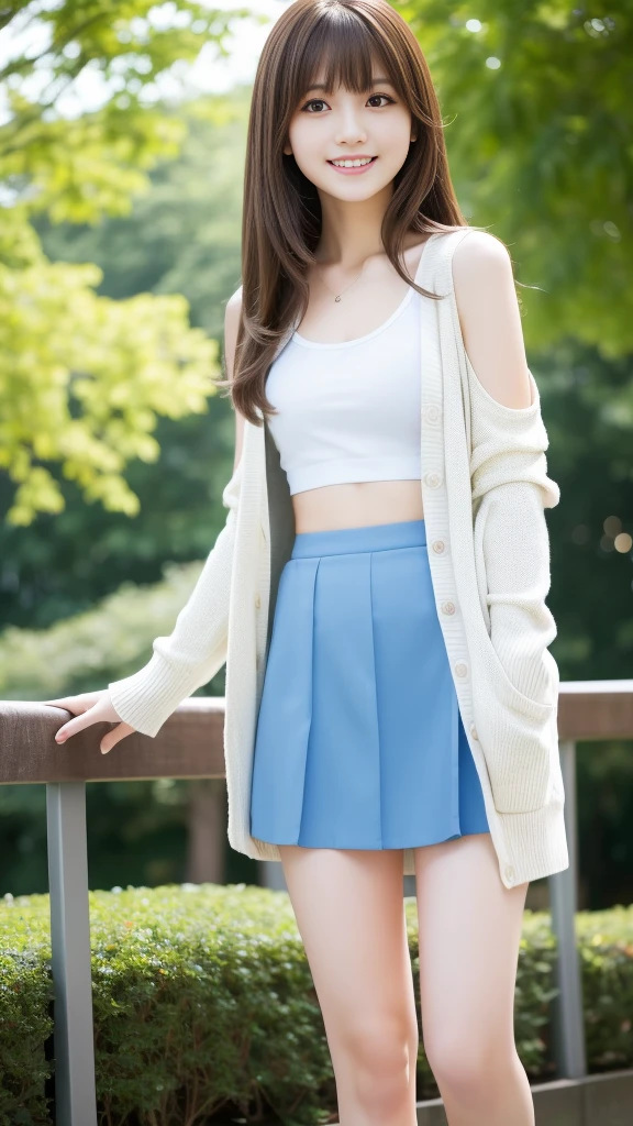Ultra-high resolution, Superior Quality, Highest quality, Very detailed, Realistic, 8k, RAW Photos, Highest quality, masterpiece, Attractive girl, Awesome girl, Brown Hair, Shoulder-length layers, 非対称のbangs, K-POPアイドル, Sophisticated, stylish, Shibuya Ward, ((masterpiece)),(((Highest quality))),Thin thighs,Long legs,Park Background,Light blue tank top、White Skirt、A lightweight white long-sleeved cardigan、18-year-old,bangs,A small smile,Random Pause，pretty girl，Slender girl，The best smile