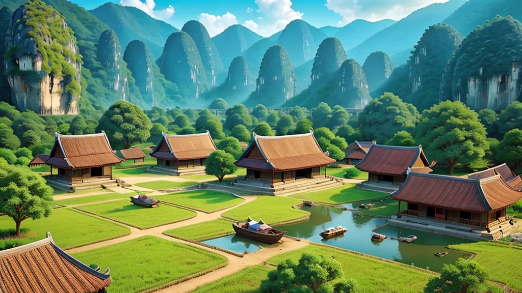 Beautiful scenery of ancient Vietnamese village. Aerial view, Photorealistic photos, High definition.