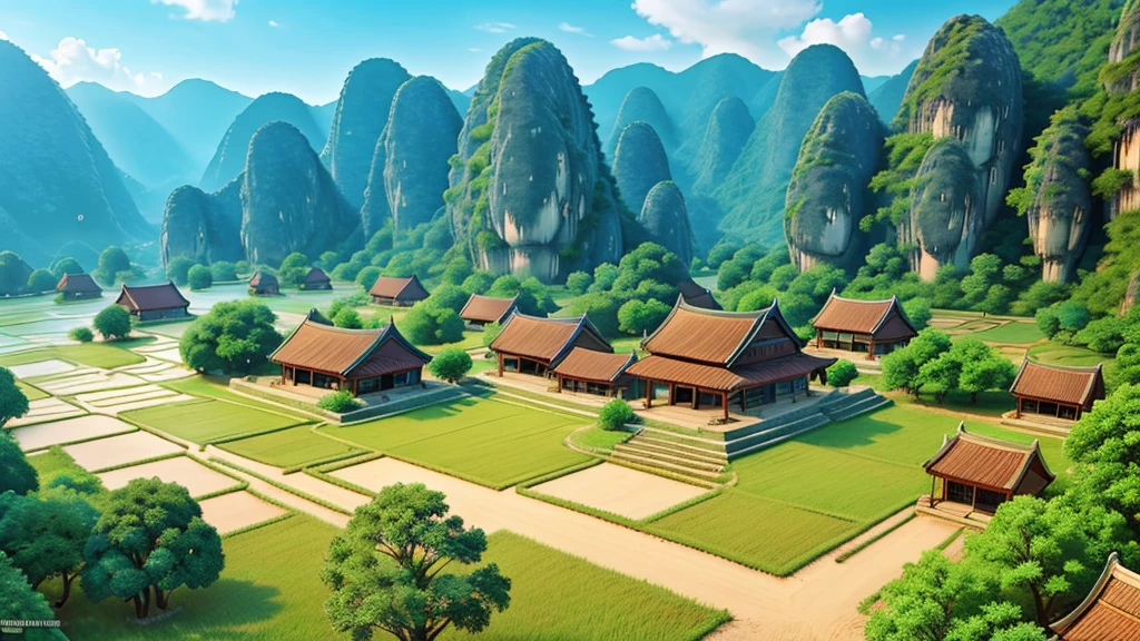 Beautiful scenery of ancient Vietnamese village. Aerial view, Photorealistic photos, High definition.