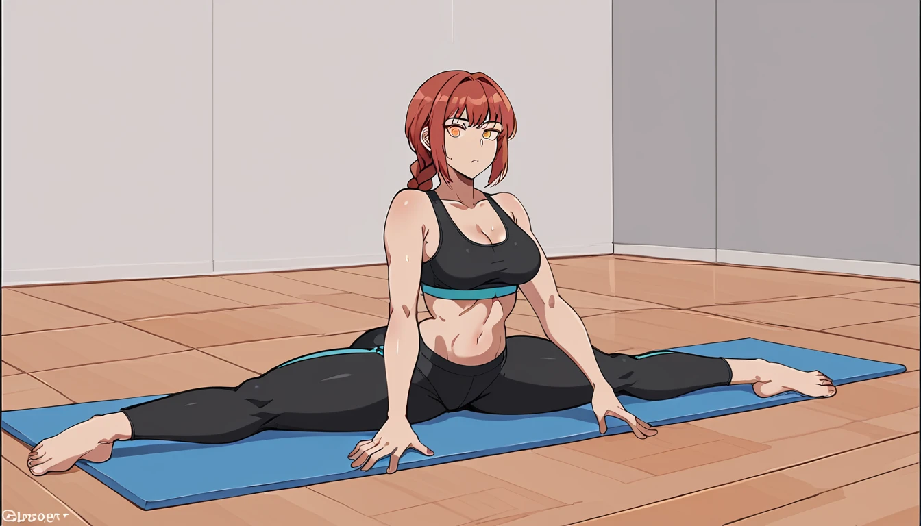 makima, braided ponytail, orange eyes, ringed eyes, black sports bra, black mini Sweatpants, One girl, Sitting, On the floor, Split Horizon, stretch, horizontal splits, stretch regs, hands on floor, yoga mat