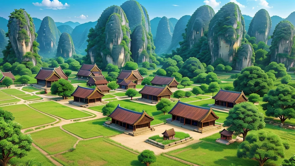 Beautiful scenery of ancient Vietnamese village. Aerial view, Photorealistic photos, High definition.