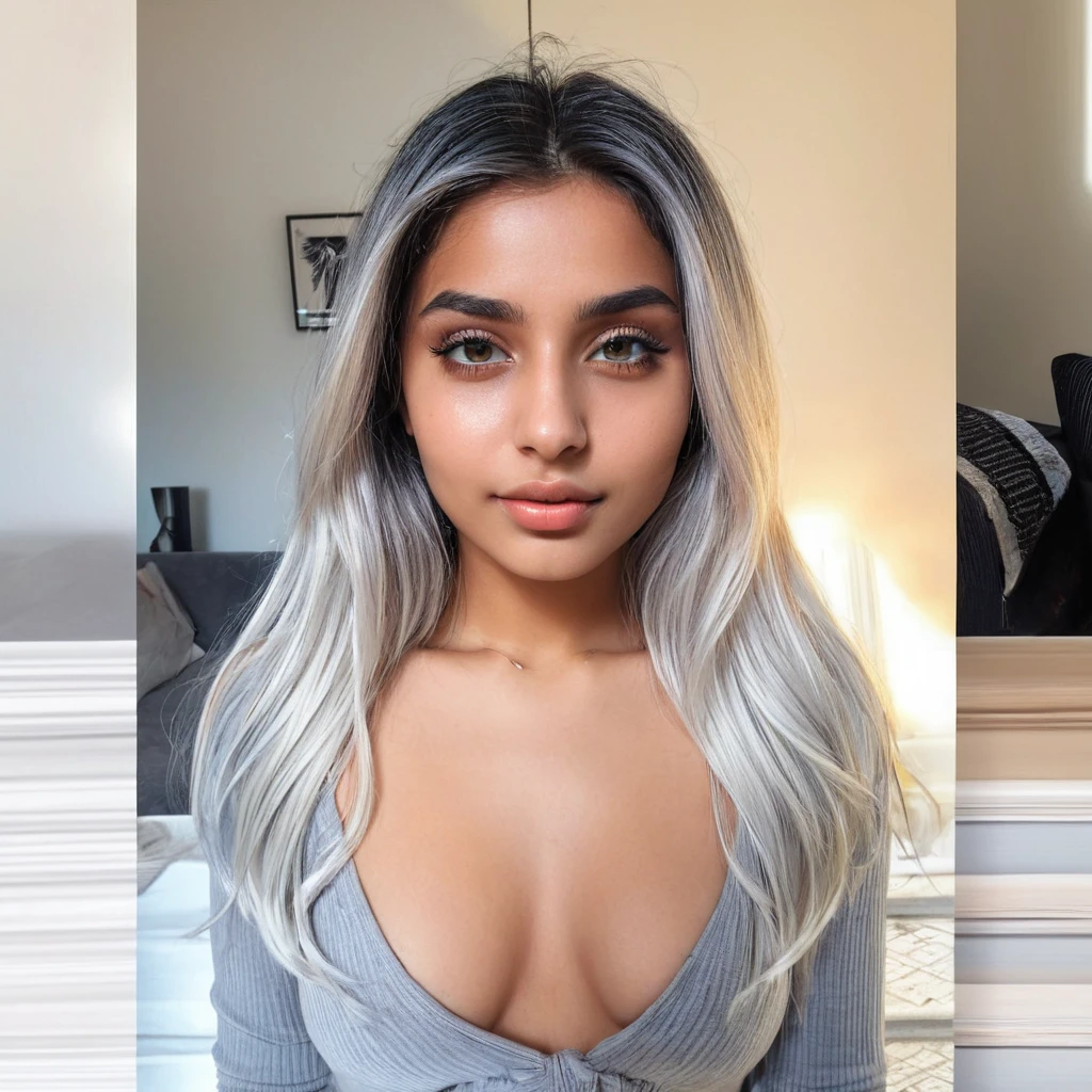 An image of a beautiful of a 20 year old Arabian exotic Instagram model, taken with iphone camera, medium shot selfie of a pretty young woman, (ombre:1.3) vibrant silver/white dyed hair bright, ambered-colored eyes, film grain, best quality, shoulder-length hair, featuring a beautiful light-colored silver white hair style, and she is wearing a gray top with a high neckline. Standing in the living room. Nice lips.