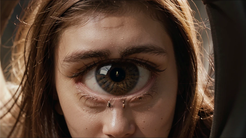create an image for Infinite Zoom Music Video Script: "Keep Your Eyes Open"

Opening Scene
[0:00-0:10]

Visuals: Start with a close-up of an eye, slowly zooming into the pupil.
Action: As the zoom begins, the eye subtly blinks once, inviting the viewer in.
Effect: The pupil morphs into a tunnel of light, beginning the infinite zoom effect.