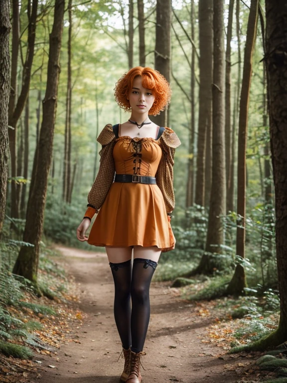 17 year old girl, Lovely, orange hair, Very short, Very curly, slim, flat bust, with freckles on the face, with slavic features, short dress with stockings, steampunk, Whole body, two hands, shows her pretty legs, In the woods.