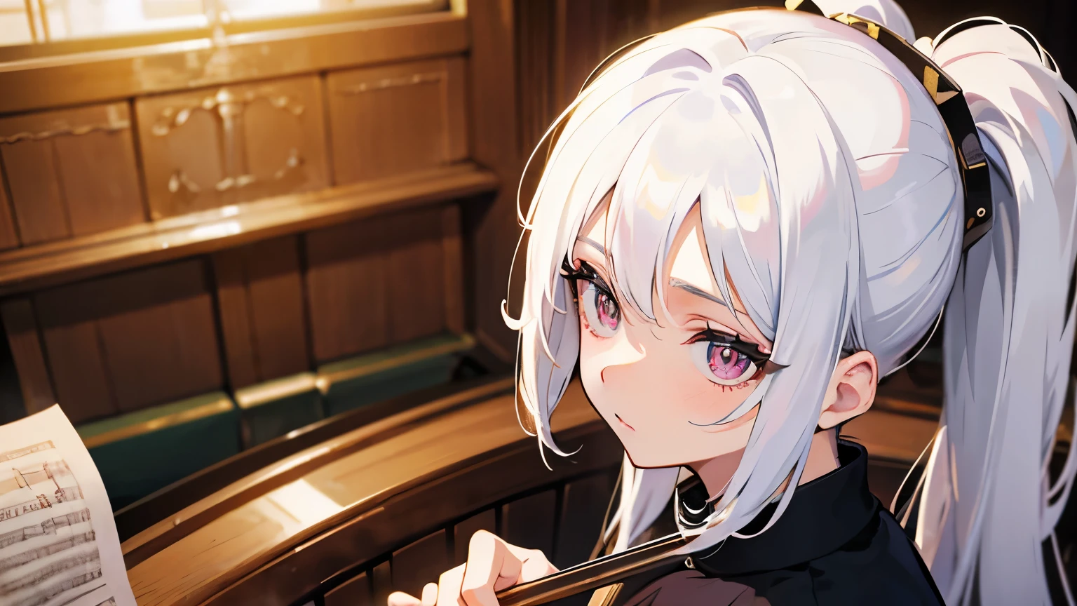 close up anime 20 years old girl with white hair from the front bringing some music sheet and wearing orchestra conductor uniform.