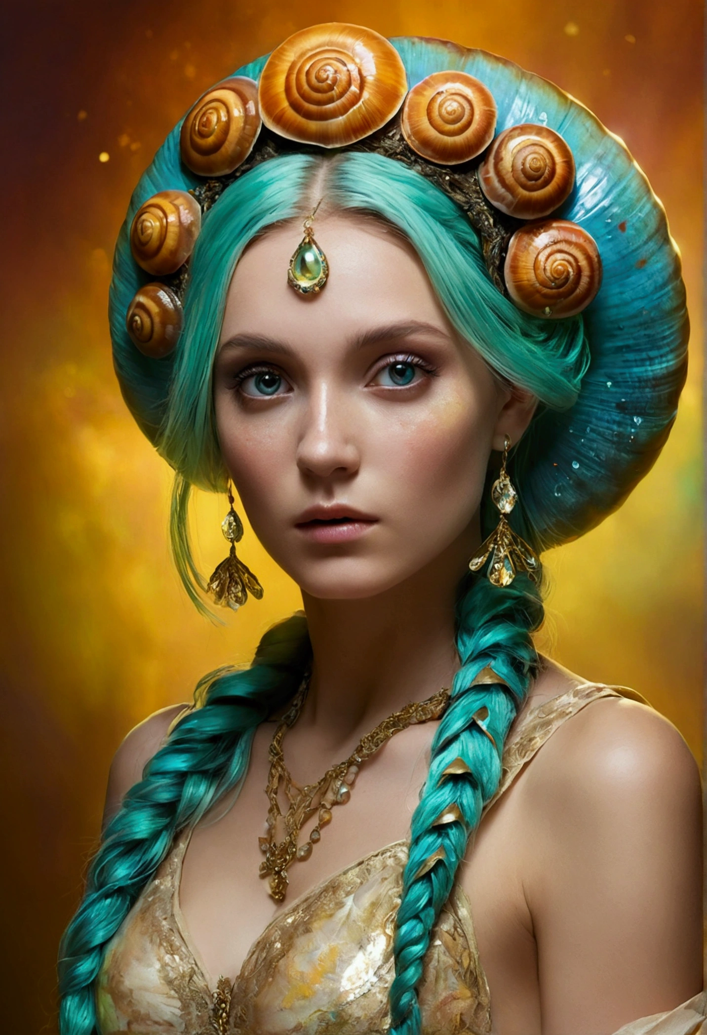 A masterpiece of digital painting. Full body, nude body, A surreal portrait of a snail hybrid gothic girl with an elegant shell on her back, freckles on her face, loose rainbow hair turning into soft antennae, transparent clothes, amber with gold and mint color palette, whimsical and fabulous, in the style of magical realism, soft lighting creating an unearthly radiance. Detailed and contrasting, transparent drops of dew on turquoise leaves with gold veins on an amber background.

She moves gracefully and smoothly, and her arms rise and fall as if performing natural magic. stop motion. freeze frame. hyperrealistic. oil painting. volumetric lighting,

Daily Theme: gothic elegant shell girls , 

By Oleg Ts