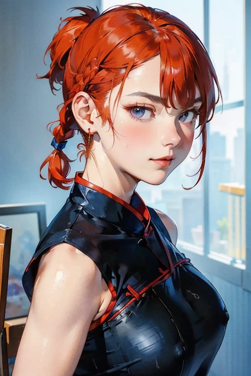 (8k, RAW photo, best quality, masterpiece:1.2), RanmaChan, RanmaRedShirt, red panty, turn back, show her butt　　((masterpiece:1.4)), high quality, very_high_resolution, large_filesize, full color, heavy outline, clear outline, colorful, (beautiful detailed eyes), ((beautiful face:1.0)), ((boyish face:1.4)), 1 girl, (femaleranma), (red hair), short hair, (braided ponytail), ((bangs)), bumpy bangs, blue-gray eyes, big breasts, curvy, femaleranma, braided ponytail, (red chinese clothes), sleeveless, tangzhuang, black pants, cameltoe, standing, upper body, ((from front:1.4)), ((portrait:1.8)), ((face focus:1.4)), (angry),　((masterpiece)), high quality, very_high_resolution, large_filesize, full color, heavy outline, clear outline, colorful, (beautiful detailed eyes), (beautiful face:1.3), (boyish face:1.3), 1 girl, (femaleranma), (red hair), short hair, (braided ponytail), ((bangs)), bumpy bangs, blue-gray eyes, big breasts, curvy, black-wristbands, femaleranma, braided ponytail, chinese clothes, sleeveless, tangzhuang, black pants, cameltoe, standing, upper body, ((from side:1.4)), smile,((Masterpiece, Highest quality)), Detailed face, CharacterDesignSheet，full bodyesbian, perfectly proportions，Full of details, Multiple poses and expressions, Highly detailed, Depth, Many parts，Beautiful teenage girl，Suits，lacepantyhose，Light pink pupils，epic exquisite  character art，Natural light　1girl,japanese text,Storyboard,comic,cross-section, uterus,(masterpiece, highres, high quality:1.2), cinematic lighting, detailed, colorful, NaomiSakamoto, 1girl, mature female, solo, sitting on low chair, covering breasts, looking at viewer, (blush, embarrassed:1.1), teeth, orange hair, long hair lipstick, purple eyes, jewelry, (mole under mouth:0.8), blue shirt, short sleeves, red pleated skirt, bikini bottom only, curvy, large breasts, thighs, indoors, classroom, day, sky,