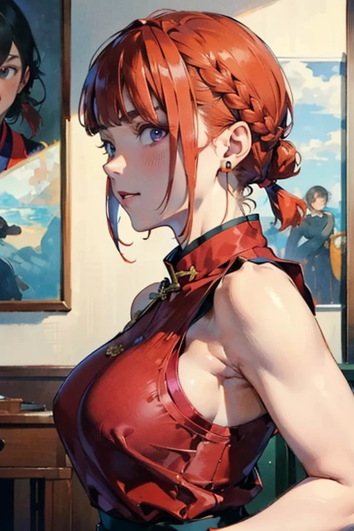 (8k, RAW photo, best quality, masterpiece:1.2), RanmaChan, RanmaRedShirt, red panty, turn back, show her butt　　((masterpiece:1.4)), high quality, very_high_resolution, large_filesize, full color, heavy outline, clear outline, colorful, (beautiful detailed eyes), ((beautiful face:1.0)), ((boyish face:1.4)), 1 girl, (femaleranma), (red hair), short hair, (braided ponytail), ((bangs)), bumpy bangs, blue-gray eyes, big breasts, curvy, femaleranma, braided ponytail, (red chinese clothes), sleeveless, tangzhuang, black pants, cameltoe, standing, upper body, ((from front:1.4)), ((portrait:1.8)), ((face focus:1.4)), (angry),　((masterpiece)), high quality, very_high_resolution, large_filesize, full color, heavy outline, clear outline, colorful, (beautiful detailed eyes), (beautiful face:1.3), (boyish face:1.3), 1 girl, (femaleranma), (red hair), short hair, (braided ponytail), ((bangs)), bumpy bangs, blue-gray eyes, big breasts, curvy, black-wristbands, femaleranma, braided ponytail, chinese clothes, sleeveless, tangzhuang, black pants, cameltoe, standing, upper body, ((from side:1.4)), smile,((Masterpiece, Highest quality)), Detailed face, CharacterDesignSheet，full bodyesbian, perfectly proportions，Full of details, Multiple poses and expressions, Highly detailed, Depth, Many parts，Beautiful teenage girl，Suits，lacepantyhose，Light pink pupils，epic exquisite  character art，Natural light　1girl,japanese text,Storyboard,comic,cross-section, uterus,(masterpiece, highres, high quality:1.2), cinematic lighting, detailed, colorful, NaomiSakamoto, 1girl, mature female, solo, sitting on low chair, covering breasts, looking at viewer, (blush, embarrassed:1.1), teeth, orange hair, long hair lipstick, purple eyes, jewelry, (mole under mouth:0.8), blue shirt, short sleeves, red pleated skirt, bikini bottom only, curvy, large breasts, thighs, indoors, classroom, day, sky,