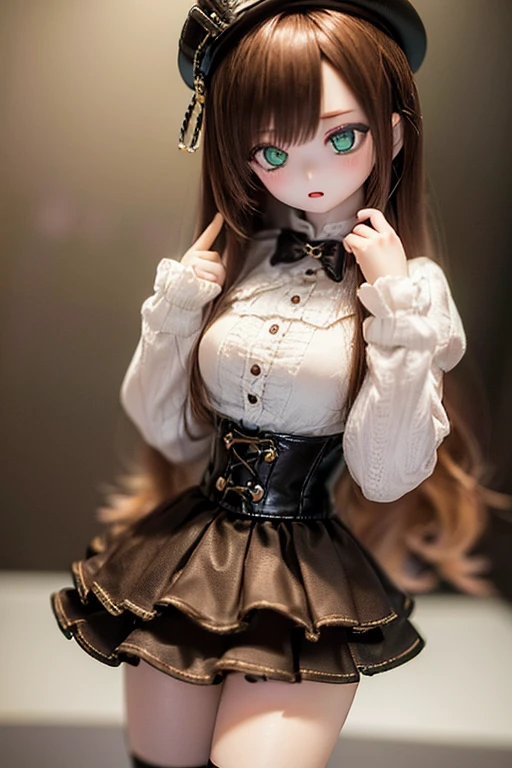 (SFW:2), photorealistic, realistic photo, 8k, ((highest quality)), ((masterpiece)), (extremely detailed), kukolnydom, doll, (mature woman, 21yo, 21 years old, solo:1.6), ((cowboy shot, dynamic pose, slim, slender, skinny, medium breasts, bowler hat, frilled shirt, puffy sleeves, corset, tiered pannier skirt, thigh-high socks)), (green eyes, brown hair, long hair, plastic skin, looking at another, glass eyes, gradient eyes, shining eyes, detailed eyes:1.3)