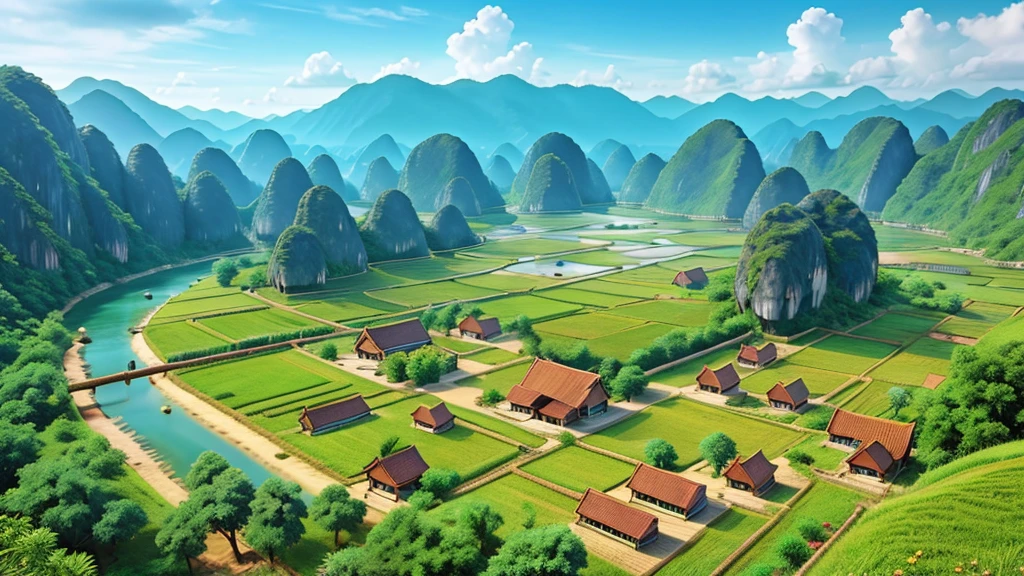 Beautiful scenery of ancient Vietnamese village. Aerial view, Photorealistic photos, High definition.