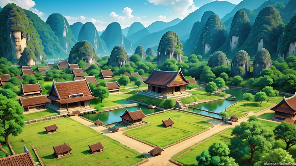 Beautiful scenery of ancient Vietnamese village. Aerial view, Photorealistic photos, High definition.