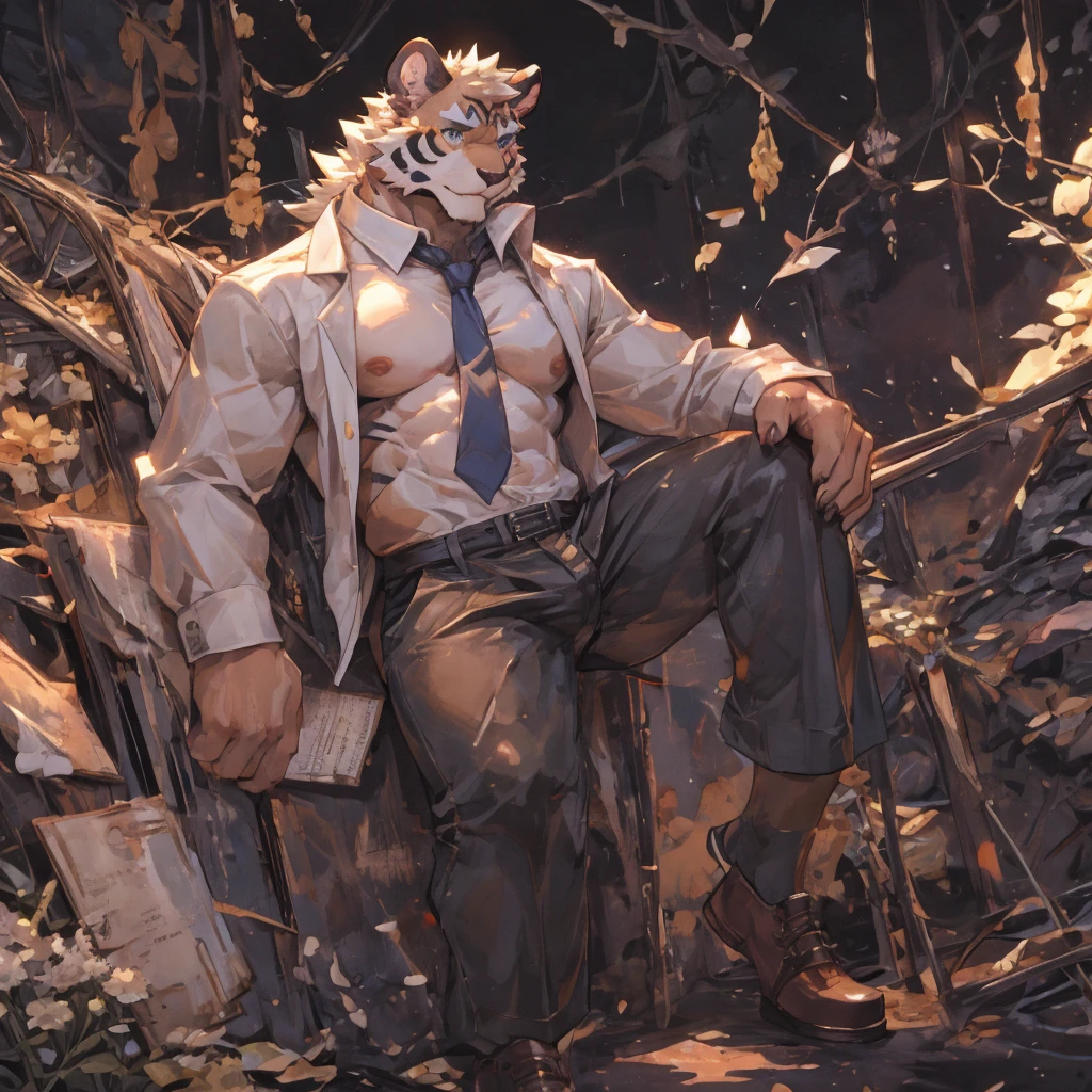 {{bara extremely handsome white tiger,}} {{white fur,}} white, wearing elegant ornate suit jacket, trousers, white dress shirt and necktie, white fluffy furry body and limbs, loafers, very tall, very broad shoulders, narrow waist, muscular arms, massive pecs, purple eyes, very long legs, massive bulge, sophisticated hot look, 3/4 view, best quality, high detail, CG image, character splash art, silver earring on left ear, sultry smirk