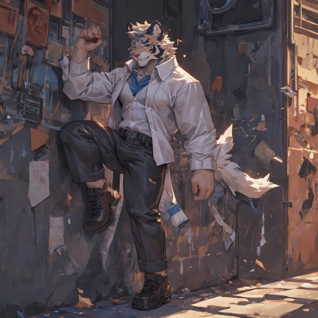 {{bara extremely handsome white tiger,}} {{white fur,}} white, wearing elegant ornate suit jacket, trousers, white dress shirt and necktie, white fluffy furry body and limbs, loafers, very tall, very broad shoulders, narrow waist, muscular arms, massive pecs, purple eyes, very long legs, massive bulge, sophisticated hot look, full body, 3/4 view, best quality, high quality, silver earring on left ear, sultry smirk, multiple views, character sheet