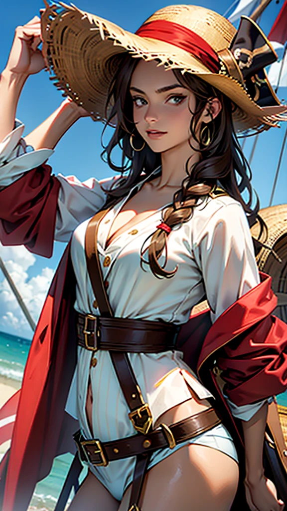 1 female, medium length brown hair, hazel eyes, wearing pirate outfit, at the helm of a pirate ship, wearing straw hat with red band, wearing straw hat