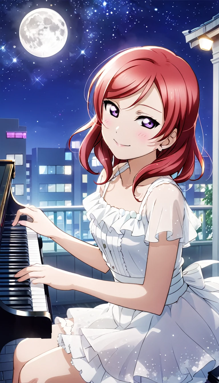 Create an illustration of Maki Nishikino from Love Live. She has red hair and purple eyes, depicted in the highest quality. She is playing a piano at night under a beautiful moonlit sky. Her eyes are closed, and she is wearing a white dress.