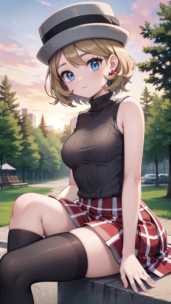 Masterpiece, perfect lighting, (beautiful, Best quality: 1.3), Perfect eyes, perfect anatomy, absurd, 8k, ccserena, solo, short hair, (gray hats: 1.2), earrings, eyelashes, blue eyes, gray sweater, vest , sleeveless turtleneck, bare arms, plaid skirt, red skirt, thigh highs, black stockings, sitting, in the park at sunset