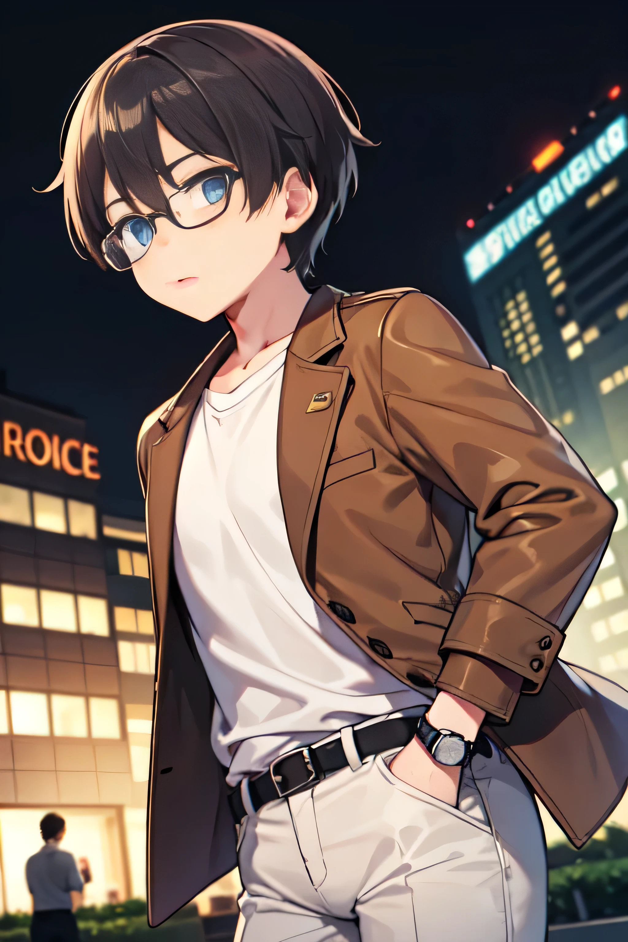 Boy, brown short hair, blue eyes, brown jacket, white t-shirts, black pants, strong, glasses, watch, office background nighttime