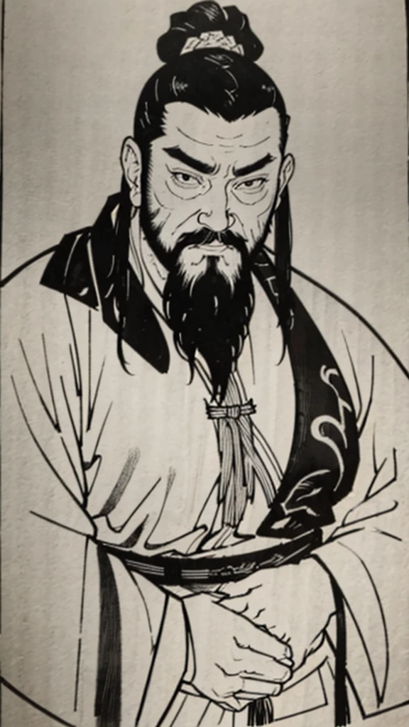 (((whole body))),((Monochrome)),(((Ink Painting))),Oriental、Young man、Men in ancient Chinese costumes、(ancient chinese hairstyle male)、As seen in the Romance of the Three Kingdoms々military commander、Highest quality、masterpiece、Ultra-high resolution、(Realistic:1.4)、Game Poster、Crisp and beautiful image quality、Beard、Embroidered cloth wrapped around a bun、whole body ,(Skin of color, ),(あごBeard):1.2), (Very detailed, bloom:1.5), (Highest quality, Concept Art, 4K), (analog:1.2), (high sharpness), (Detailed pupil:1.1), Detailed face and eyes, masterpiece, Highest quality, (Very detailed photos:1.1), 8k, (Dynamic Short Hair), (PurerosFace_v1:0.2), [:(Detailed face:1.2):0.2], sharp, Shadow, 