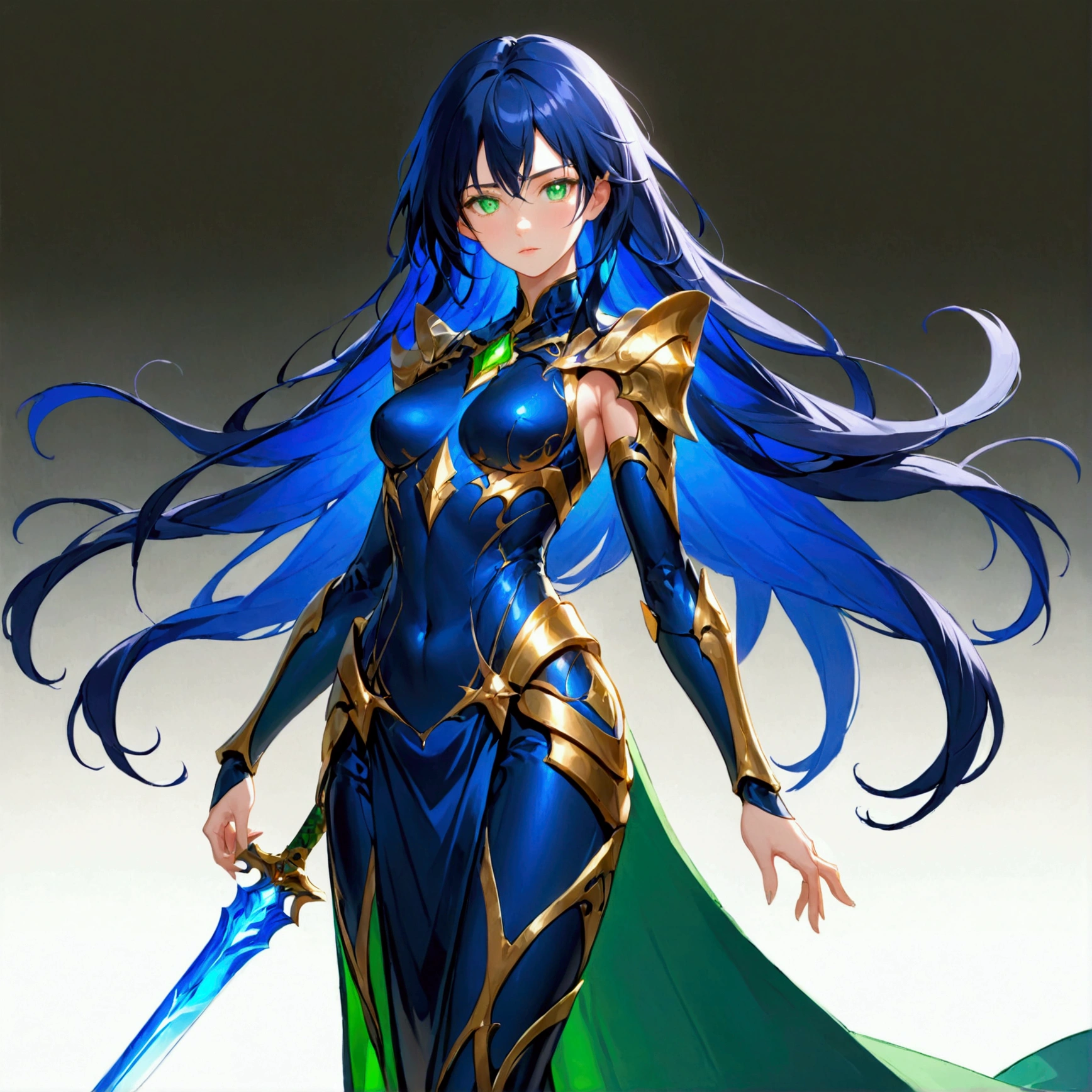 Girl with dark blue hair, green eyes,tall rectangular body figure, mature, warrior outfit