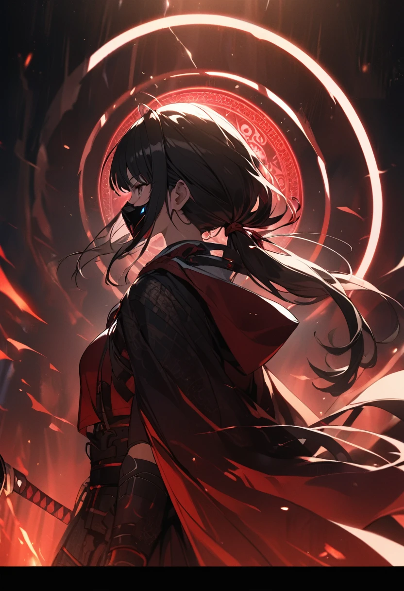 A woman,matured, perfect anatomy, high tech mask fully covering her face,long pony tail hair(black hair),red magic circle,long samurai sword,closeup, cinematic lighting, cinematic angle,side view, standing,