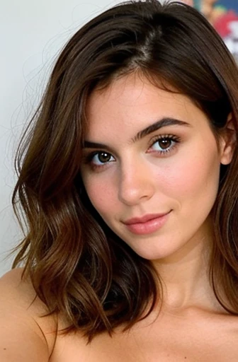 Femme brune européenne hyperréaliste aux cheveux bouclés et au visage rond et sérieux  , photo instagram , 
