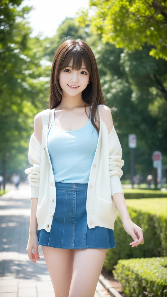 Ultra-high resolution, Superior Quality, Highest quality, Very detailed, Realistic, 8k, RAW Photos, Highest quality, masterpiece, Attractive girl, Awesome girl, Brown Hair, Shoulder-length layers, 非対称のbangs, K-POPアイドル, Sophisticated, stylish, Shibuya Ward, ((masterpiece)),(((Highest quality))),Thin thighs,Long legs,Park Background,Light blue tank top、White Skirt、A lightweight white long-sleeved cardigan、18-year-old,bangs,A small smile,Random Pause,pretty girl,Slender girl,The best smile
