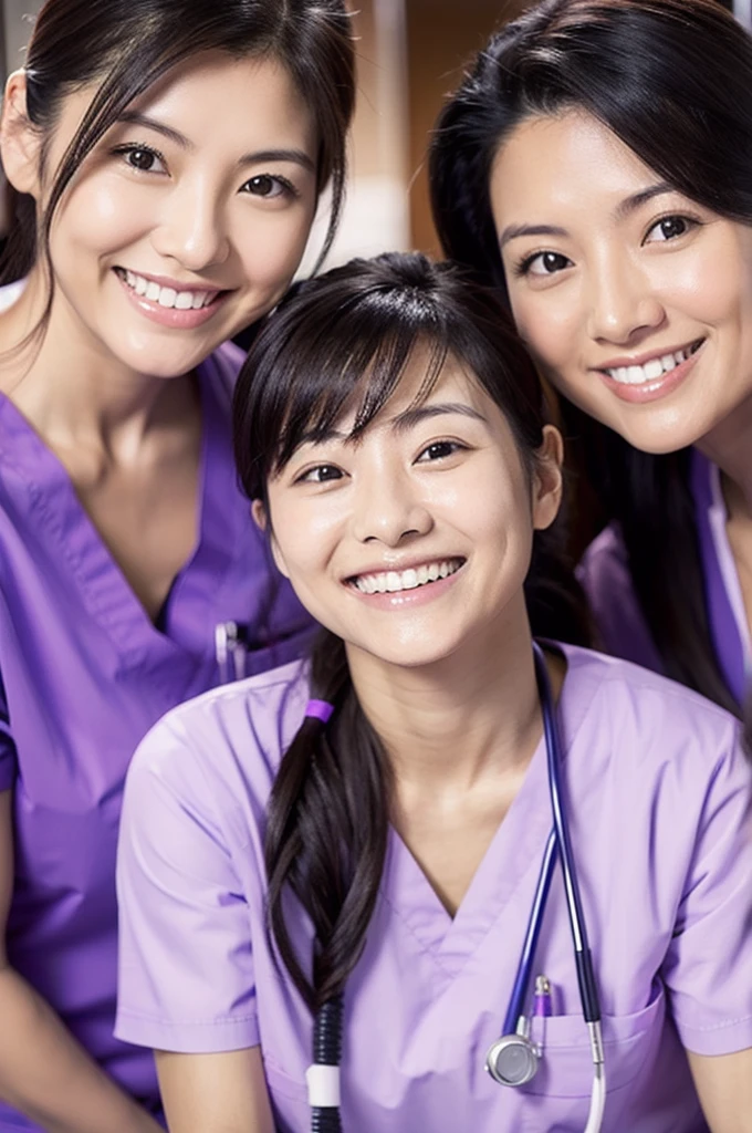 Dental hygienists, two women, smiling, all wearing light purple medical scrubs, short sleeves, Japanese, black hair, women in their early 20s　Upper body close-up　high resolution　Highest quality　　Don&#39;t press your face too much　Shooting outside　Harmony々　No accessories included