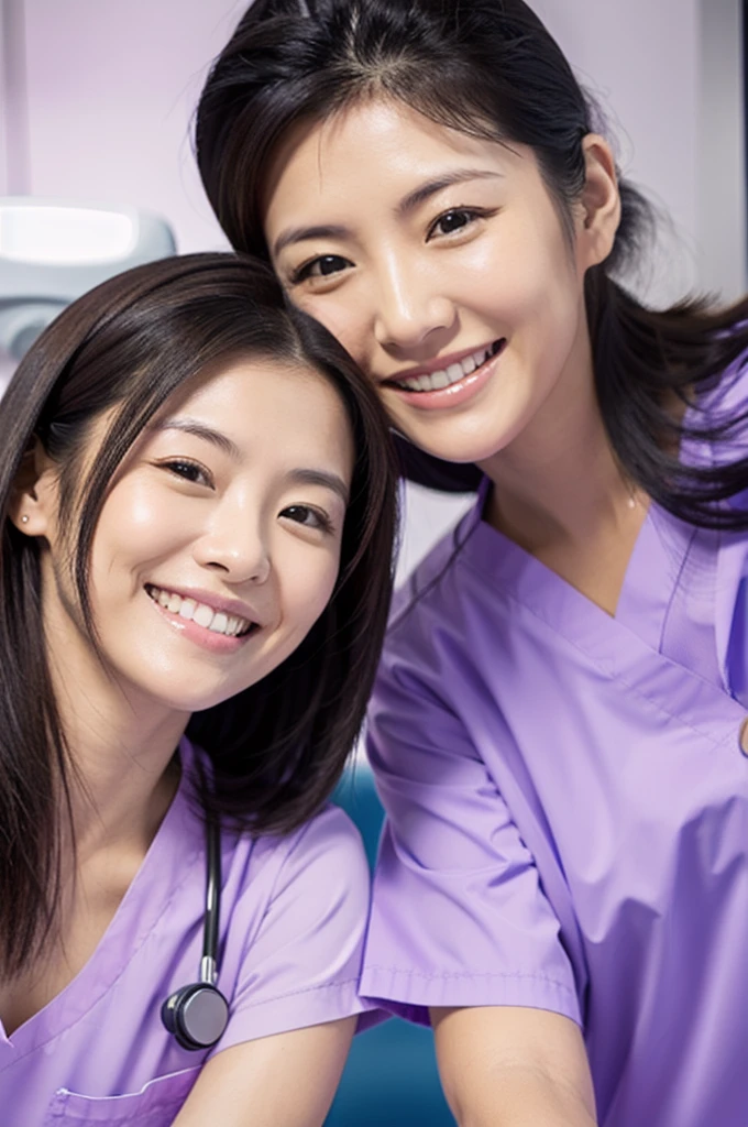Dental hygienists, two women, smiling, all wearing light purple medical scrubs, short sleeves, Japanese, black hair, women in their early 20s　Upper body close-up　high resolution　Highest quality　　Don&#39;t press your face too much　Shooting outside　Harmony々　No accessories included