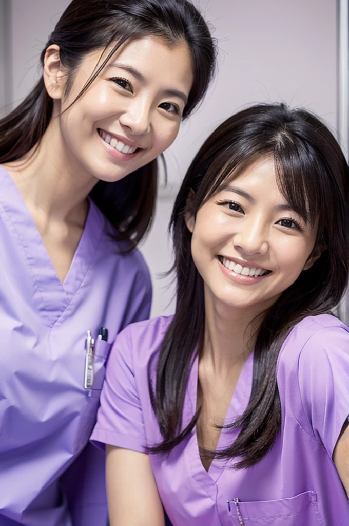Dental hygienists, two women, smiling, all wearing light purple medical scrubs, short sleeves, Japanese, black hair, women in their early 20s Upper body close-up high resolution Highest quality Don't press your face too much Shooting outside Harmony々 No accessories included
