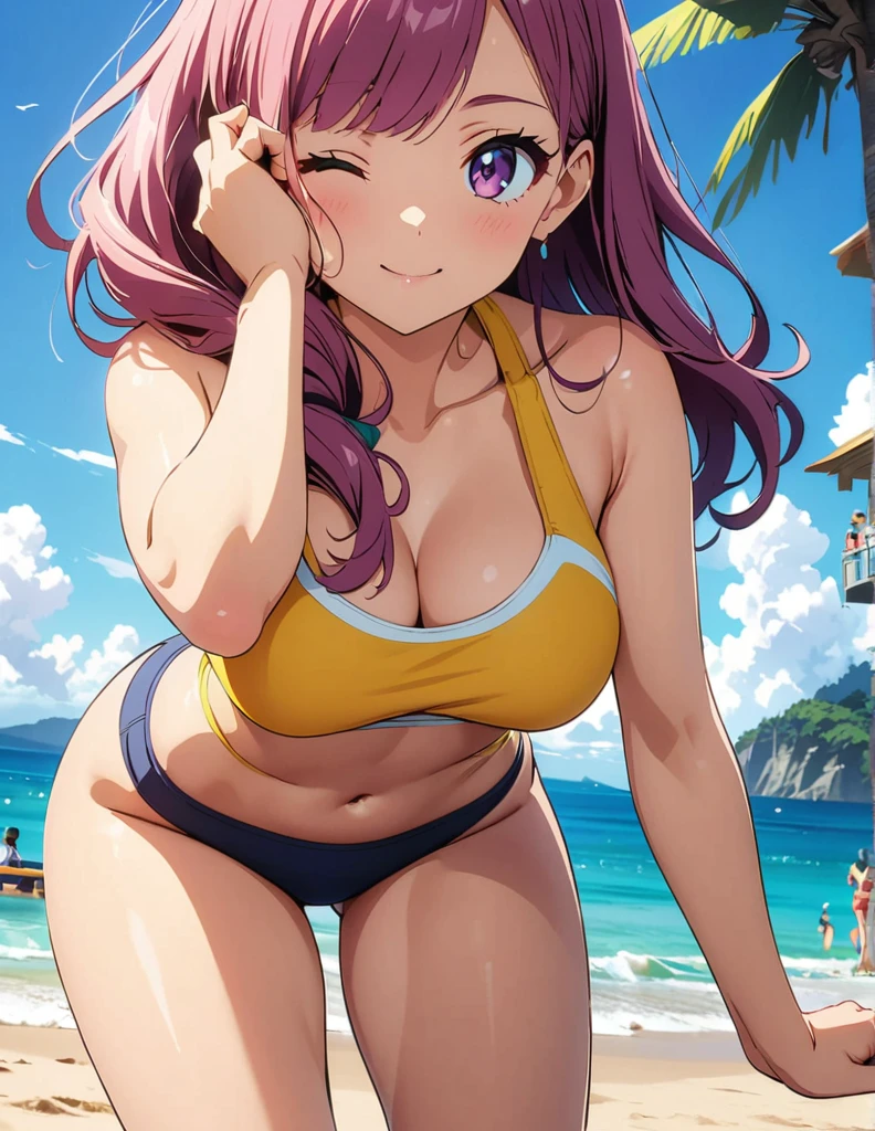 (anime artwork, anime style, studio anime, very detailed, up to date, vibrant, Anime Coloring, high contrast, masterpiece:1.2, best quality, best aesthetics),2 girl,hug from behind,swim suits, Medium chest, A glimpse of thighs,random hair, One eye is hidden by the bangs, perfect proportions, high detail skin, Cute, detailed faces,beach, precise fingers,curvy,crowd 