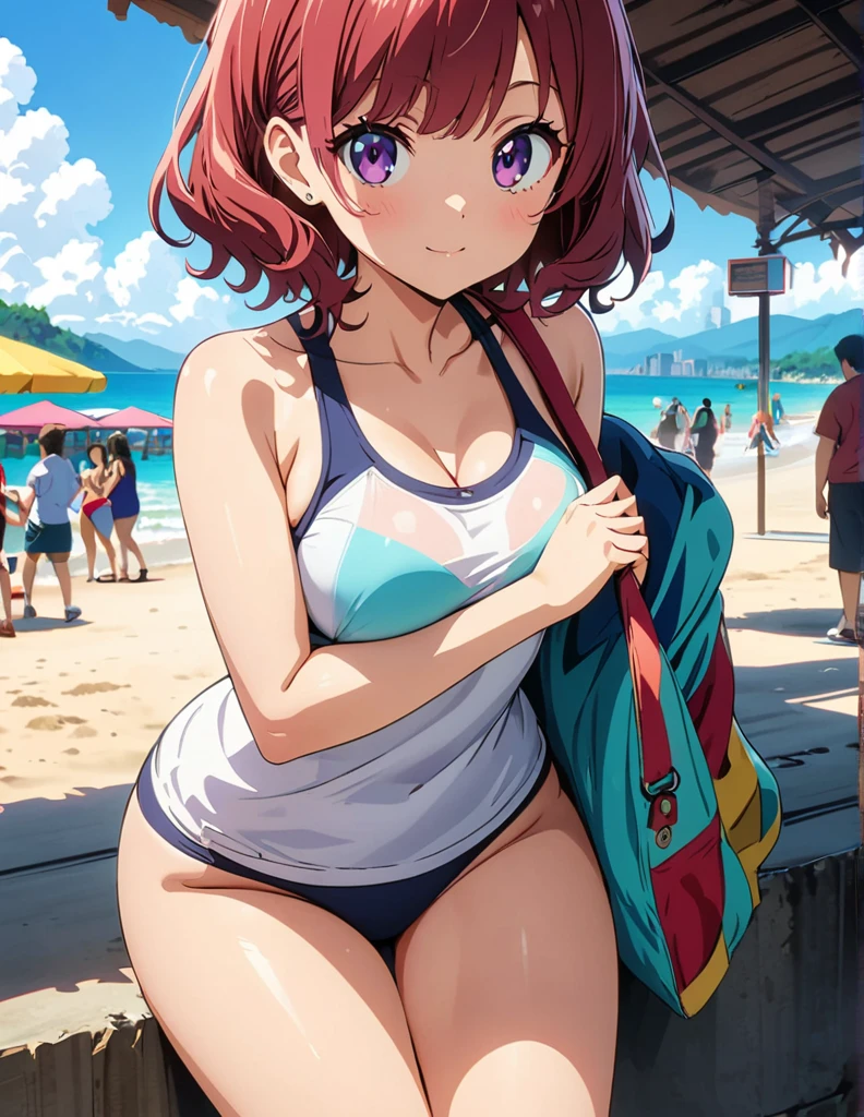 (anime artwork, anime style, studio anime, very detailed, up to date, vibrant, Anime Coloring, high contrast, masterpiece:1.2, best quality, best aesthetics),2 girl,hug from behind,swim suits, Medium chest, A glimpse of thighs,random hair, One eye is hidden by the bangs, perfect proportions, high detail skin, Cute, detailed faces,beach, precise fingers,curvy,crowd 