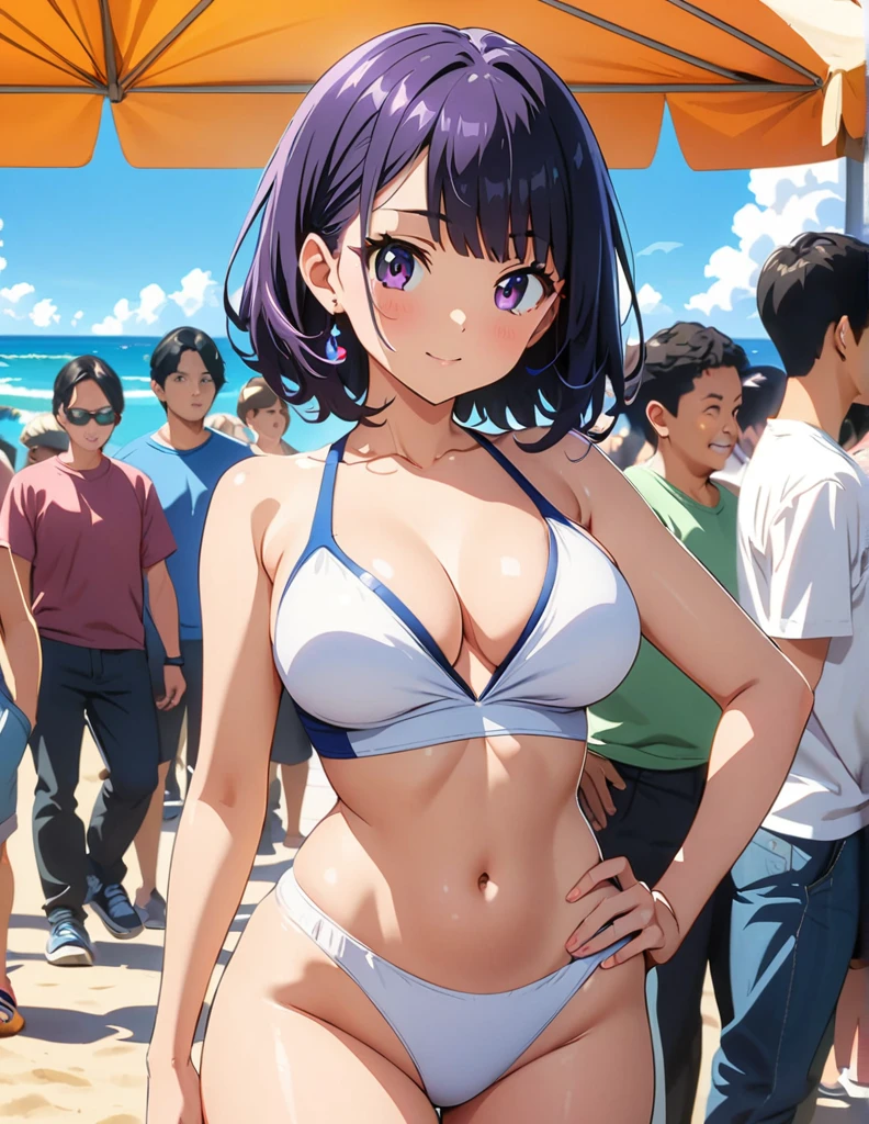 (anime artwork, anime style, studio anime, very detailed, up to date, vibrant, Anime Coloring, high contrast, masterpiece:1.2, best quality, best aesthetics),2 girl,hug from behind,swim suits, Medium chest, A glimpse of thighs,random hair, One eye is hidden by the bangs, perfect proportions, high detail skin, Cute, detailed faces,beach, precise fingers,curvy,crowd